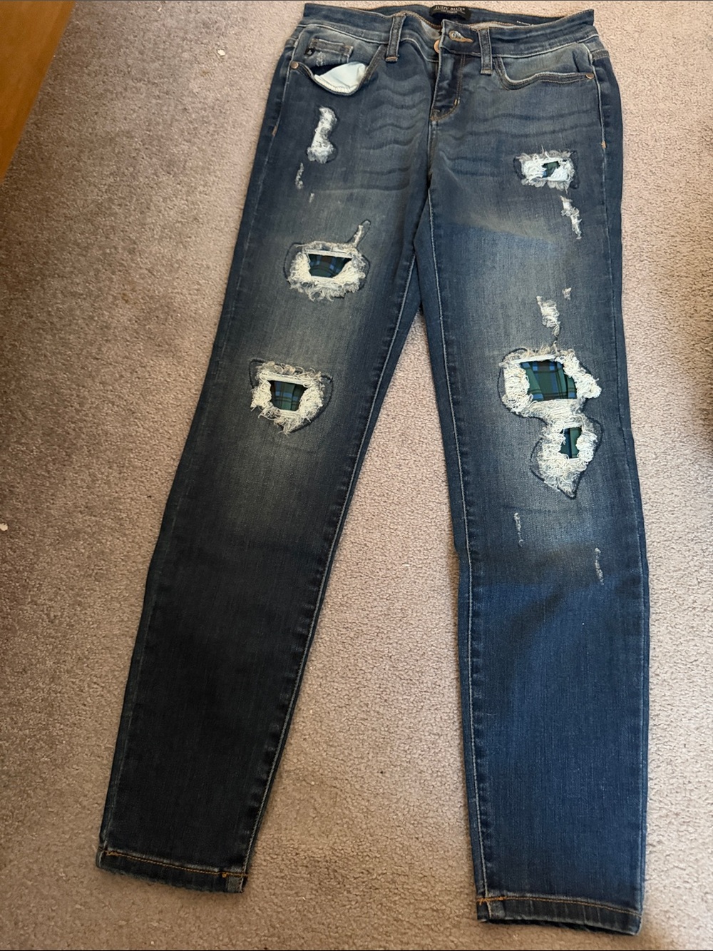 Judy Blue Dark Blue Skinny Jeans with Plaid Patch Distressing